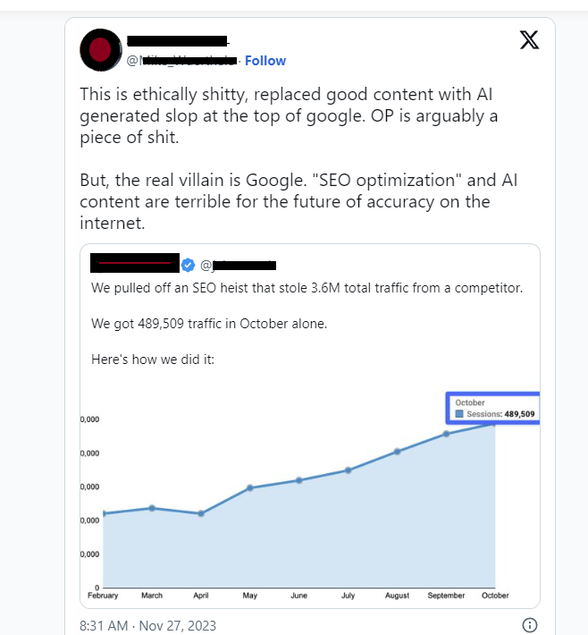 A screenshot of a Twitter/X post in which another SEO professional calls out Jake Ward for his SEO heist.