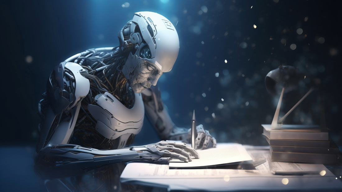 A robot sits at a desk writing a story. 
