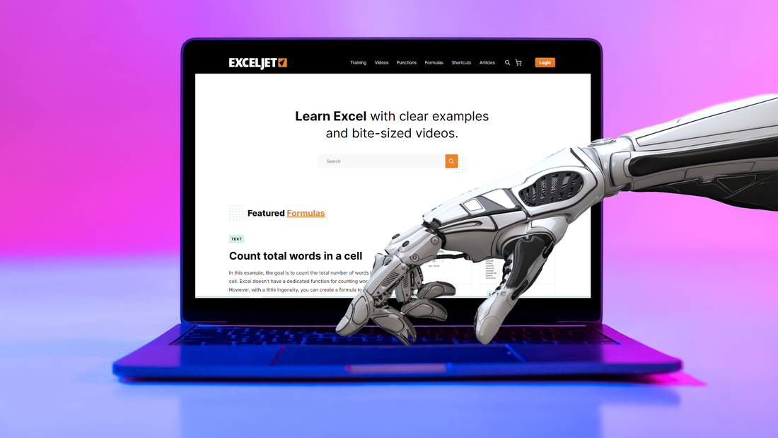 A robotic arm types on a laptop that displays the website for Exceljet, the website that was 