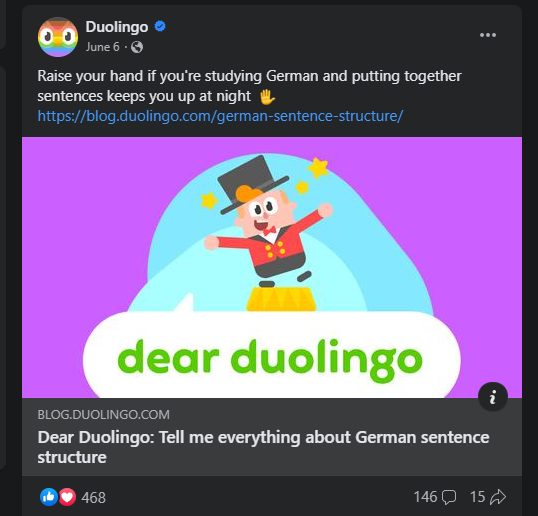A screenshot of a post from the Facebook account of Duolingo that follows the unhinged trend of posting.