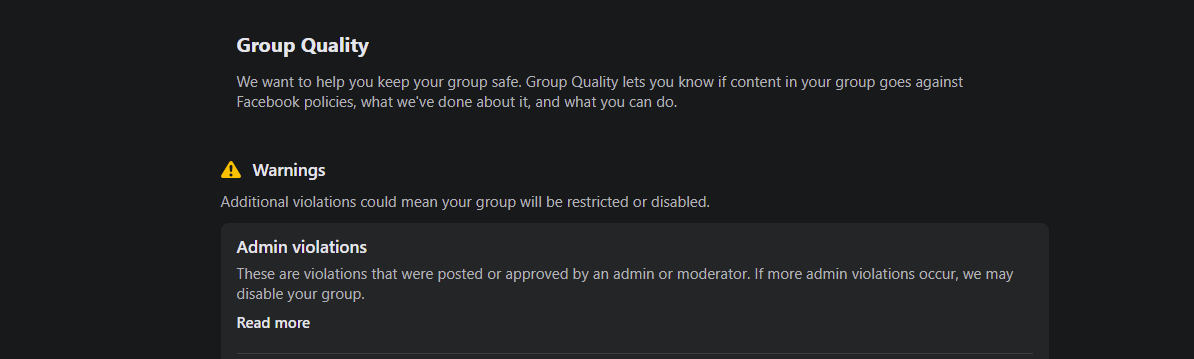 Screenshot of a Facebook warning issued to a group