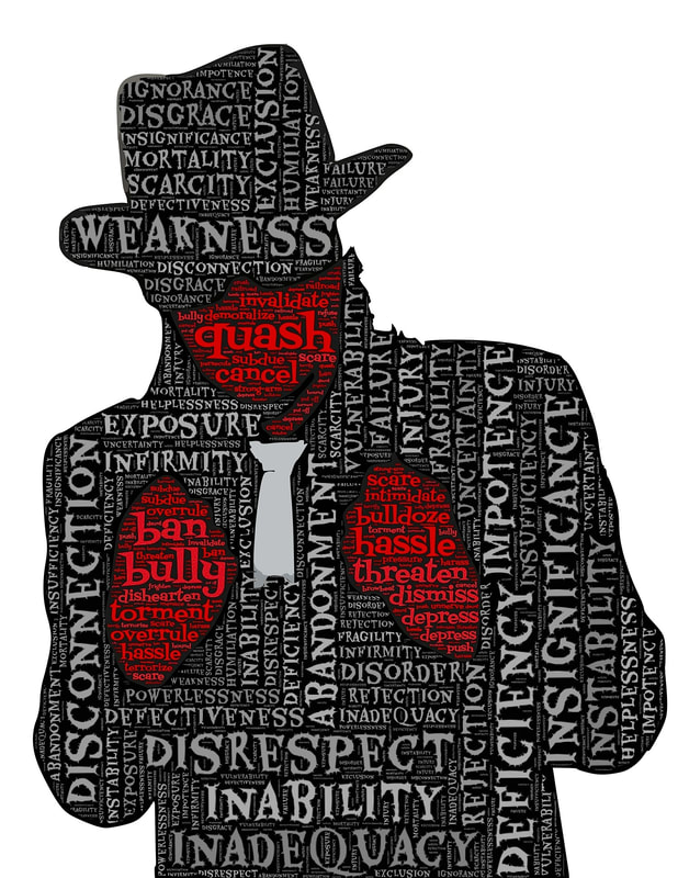 Graphic of a shady man in a hat and overcoat that is filled with words describing fear. 