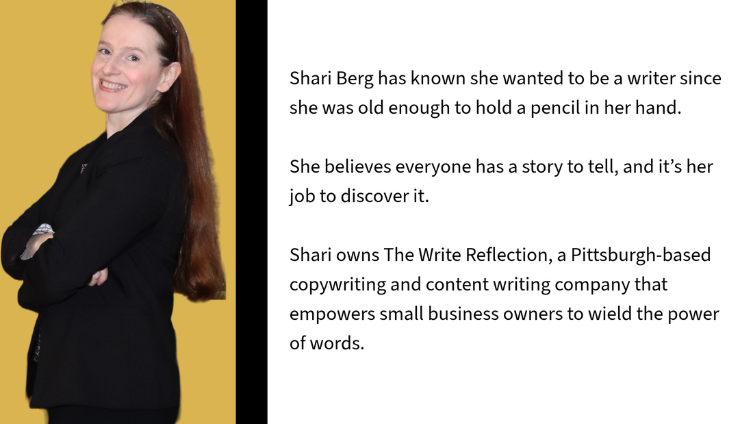Shari Berg of The Write Reflection wears a black suit and stands sideways with her arms crossed, smiling. 