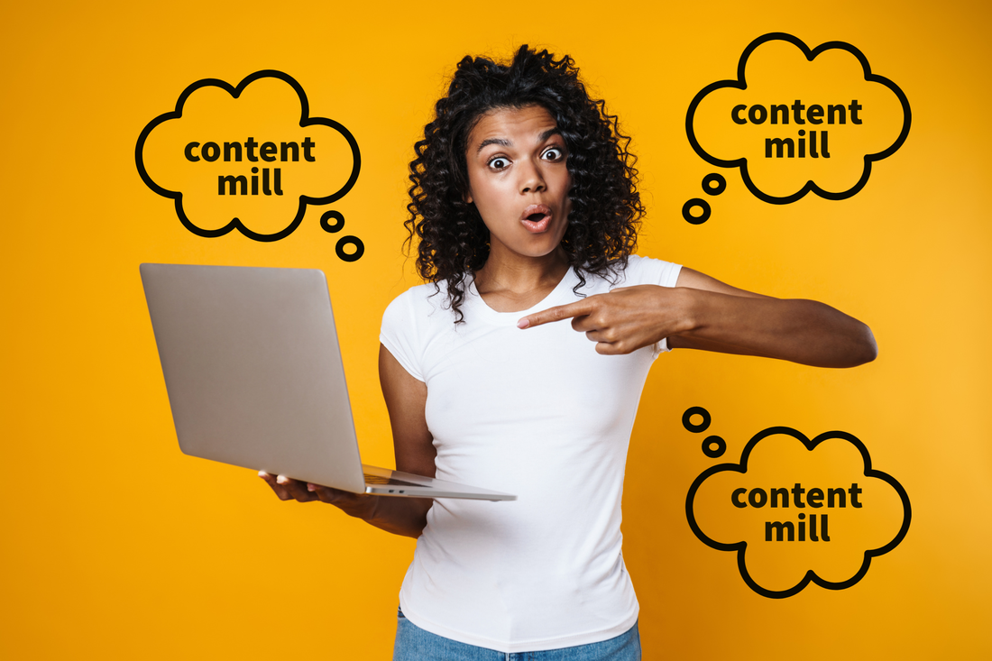 Woman pointing to a computer with thought bubbles that say content mill.