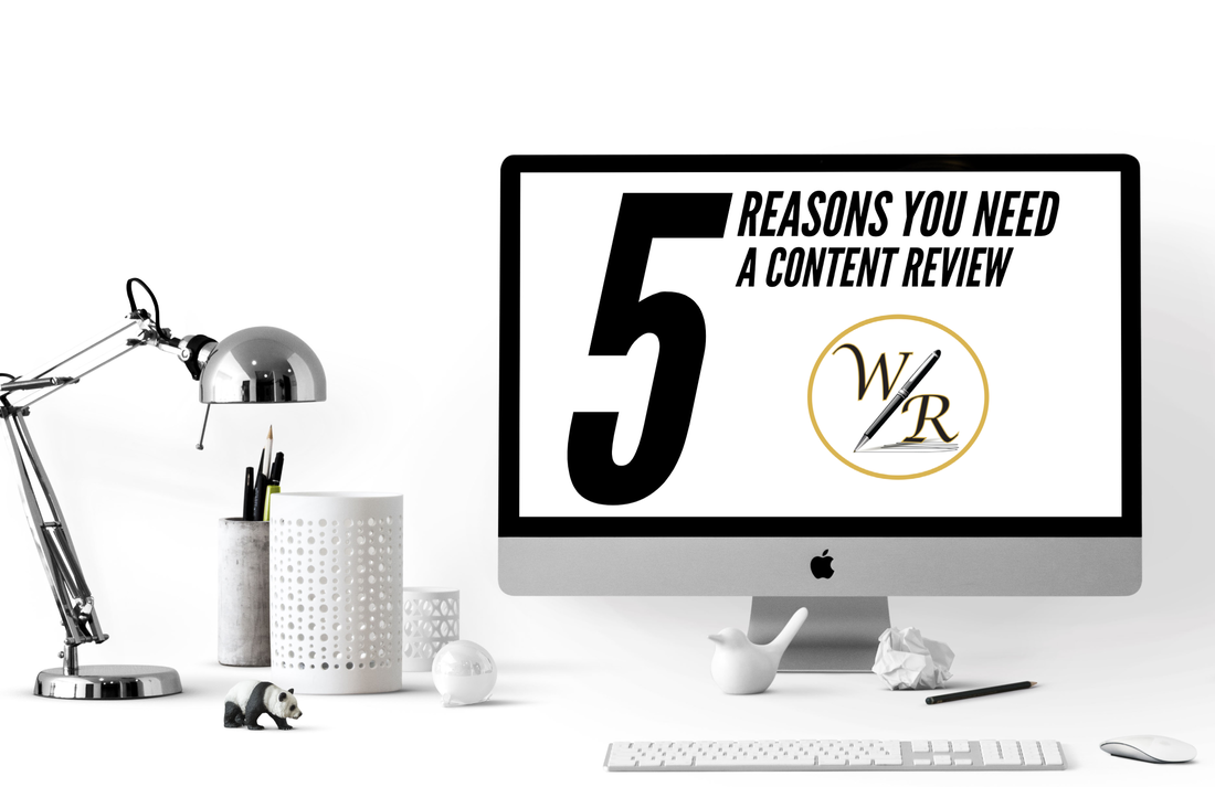 Photo of work areas with computer screen that says 5 Reasons You Need a Content Review