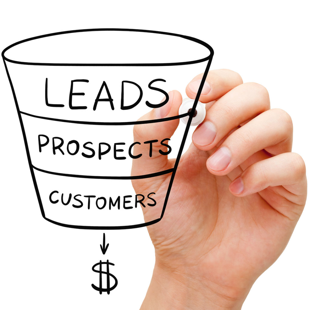 A hand uses a marker to draw a marketing funnel with 3 layers: LEADS, PROSPECTS, CUSTOMERS.