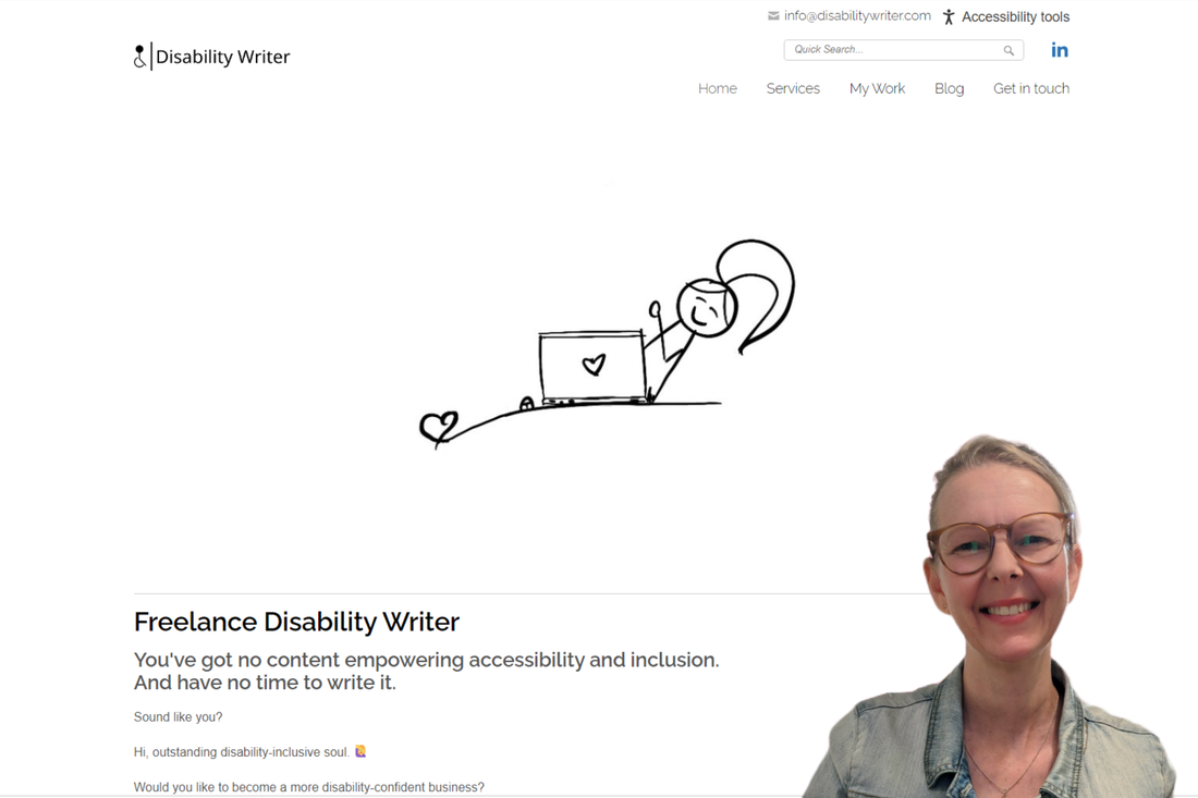 A screen shot of the Disability Writer website home page, with Lia Stoll's photo superimposed over it.