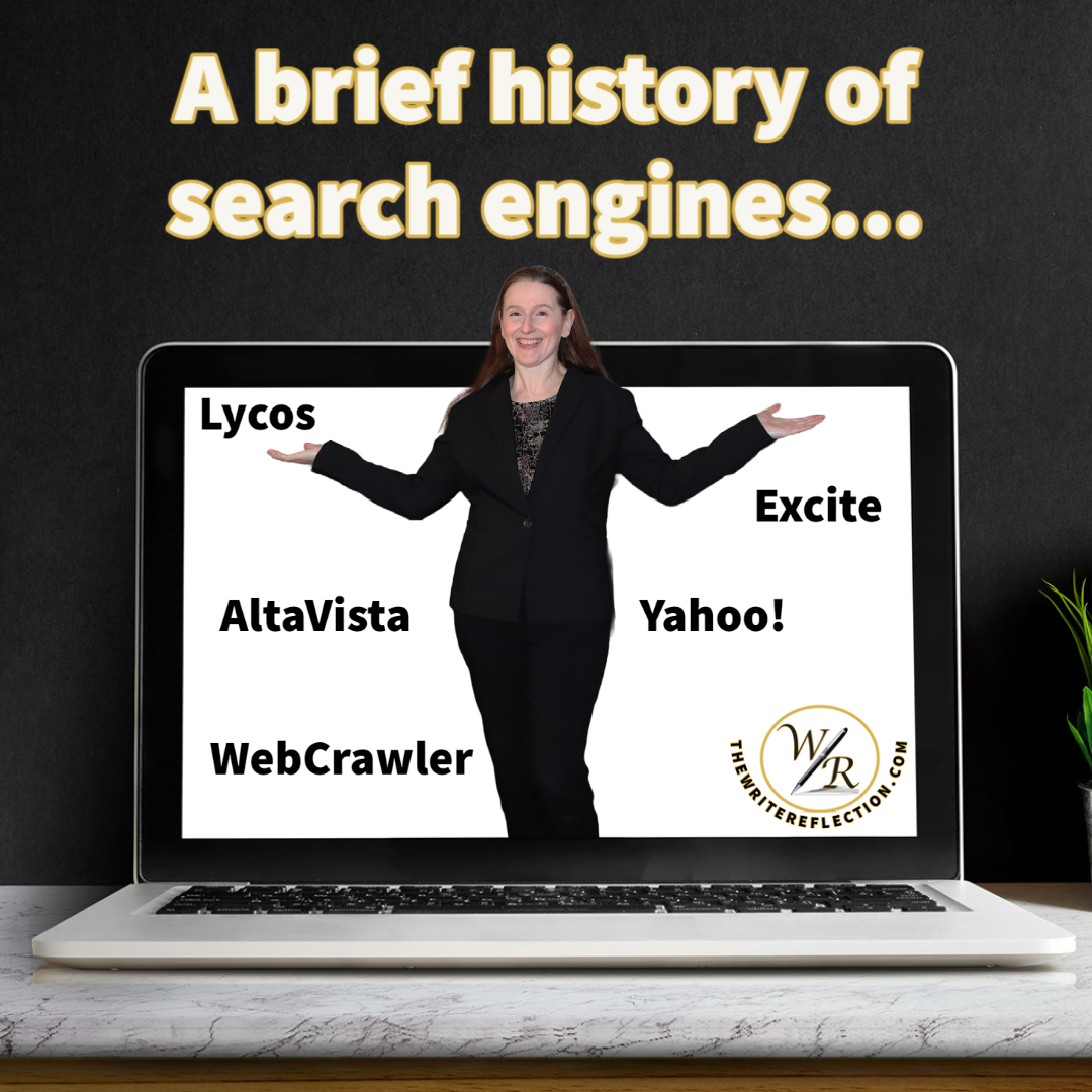 Photo of Shari Berg of The Write Reflection popping out of a computer with the names of some early search engines. 
