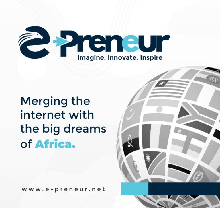 The official logo for the E-preneur Africa website that features a world globe with flags of all of the countries in the world. 