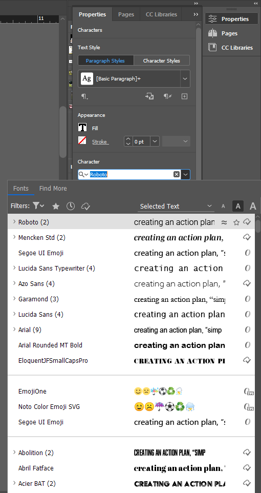 Screen shot of the design page from Adobe InDesign that allows you to choose a font.