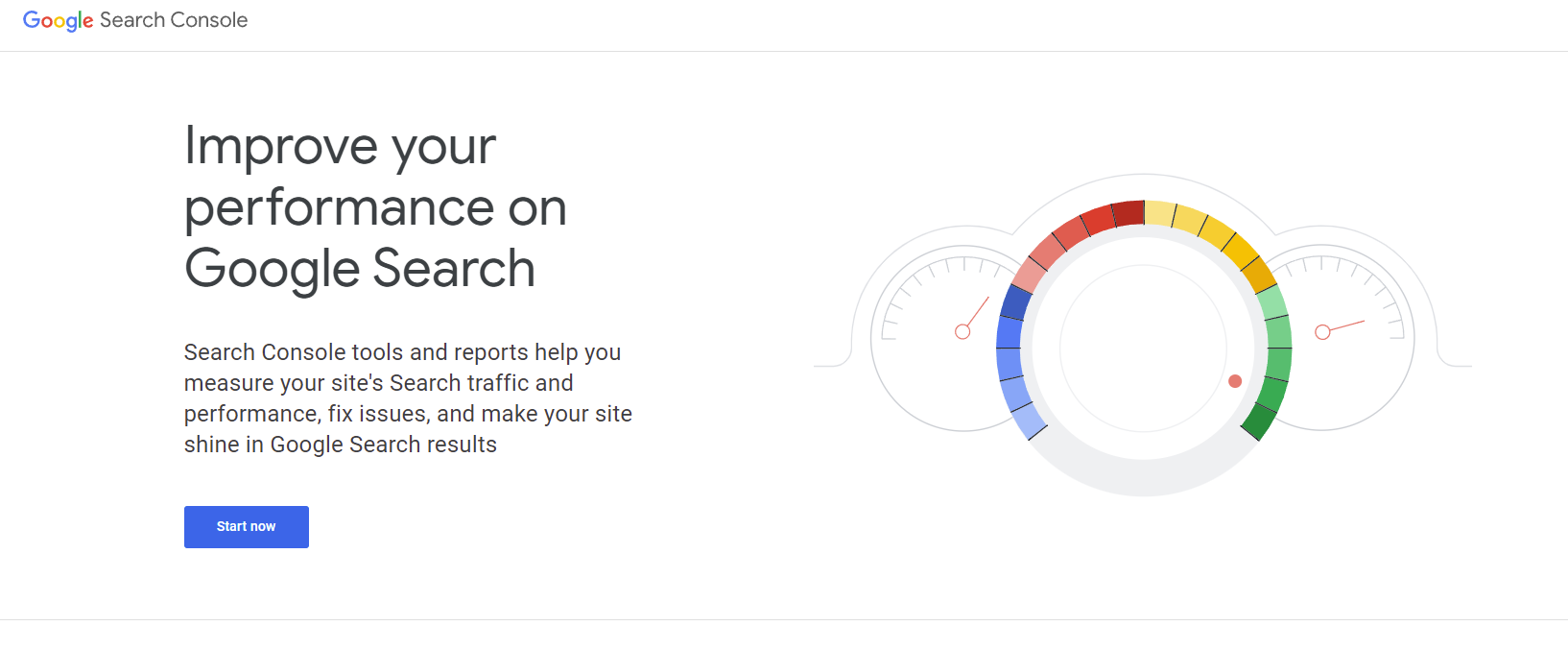 Screen shot of the Google Search Console landing page with a console graphic and text. 