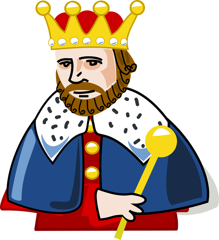 Illustration of a king with a crown and sceptor. 