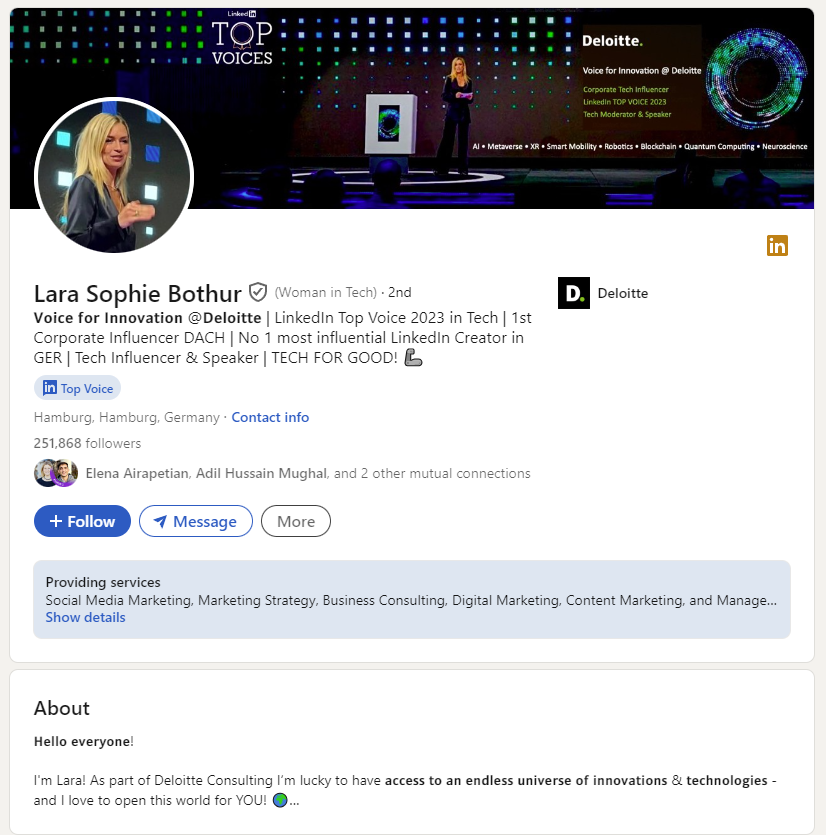 A screenshot of the LinkedIn profile for Lara Sophie Bothur, a corporate influencer for Deloitte.