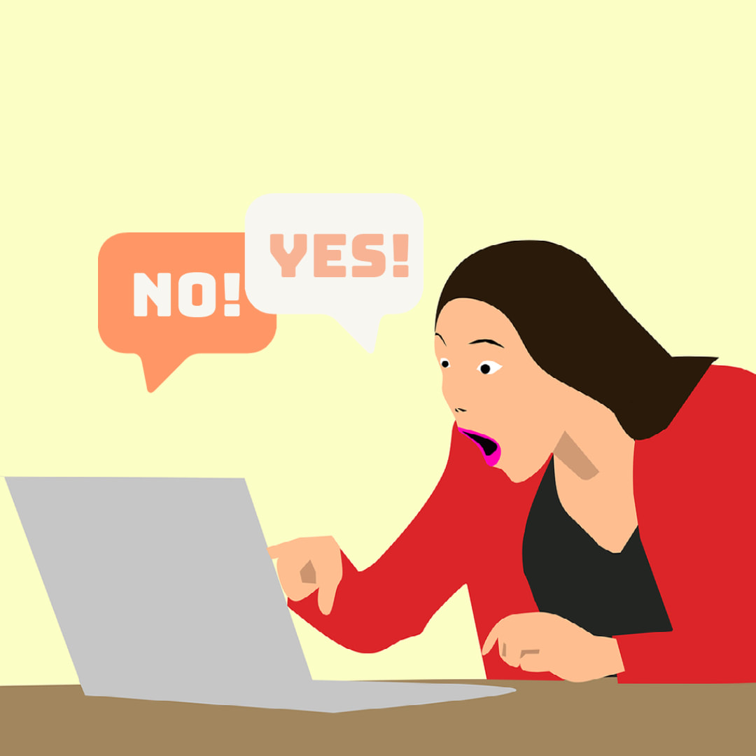 A cartoon drawing of a woman in a red suit jacket looking at a laptop in surprise while pointing at the screen. Thought bubbles above her head say 