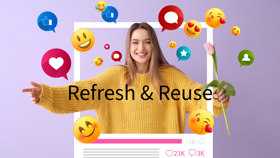 A smiling woman stands inside a polaroid snapshot frame with emojis floating around her that indicate people liked her AI content creation. 