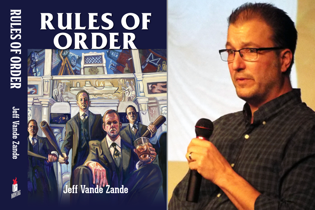 Photo of Rules of Order book cover paired with photo of author Jeff Vande Zande.