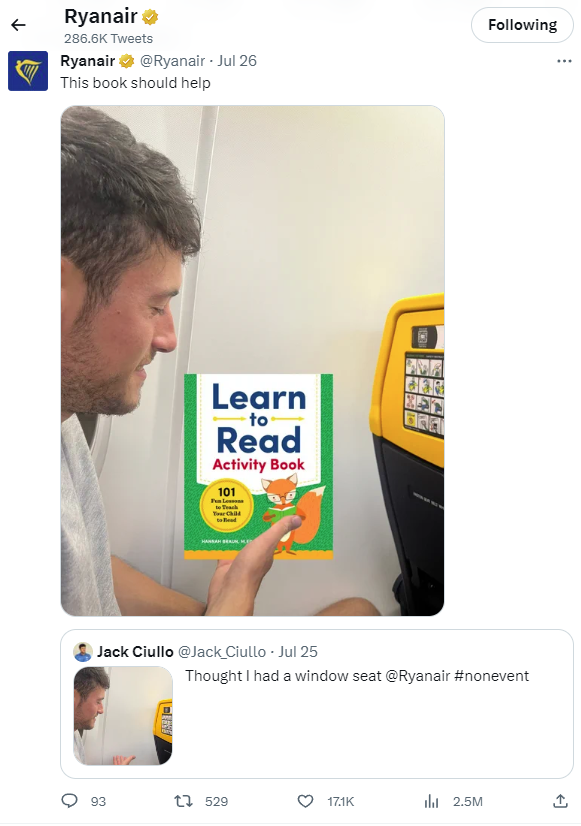 A screenshot of a social media post from RyanAir's Twitter feed that uses the unhinged trend for posting.