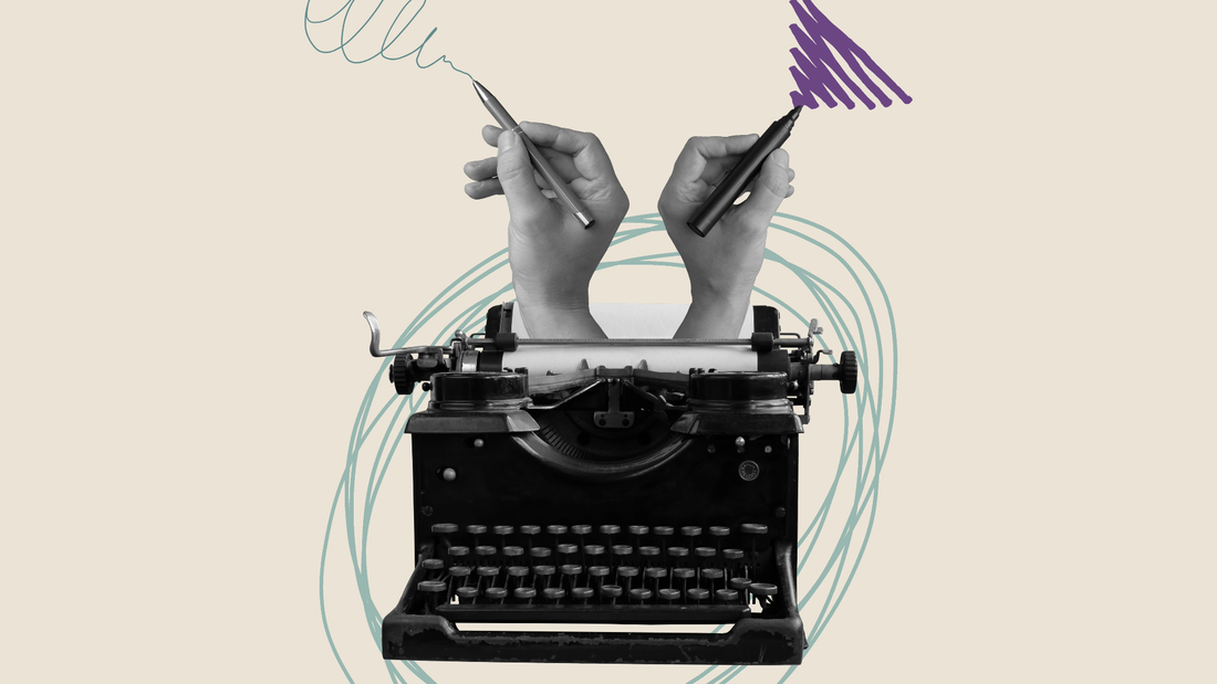 An old-fashioned typewriter with two hands sticking up from it. Each hand is holding a pencil and making a squiggle on paper.