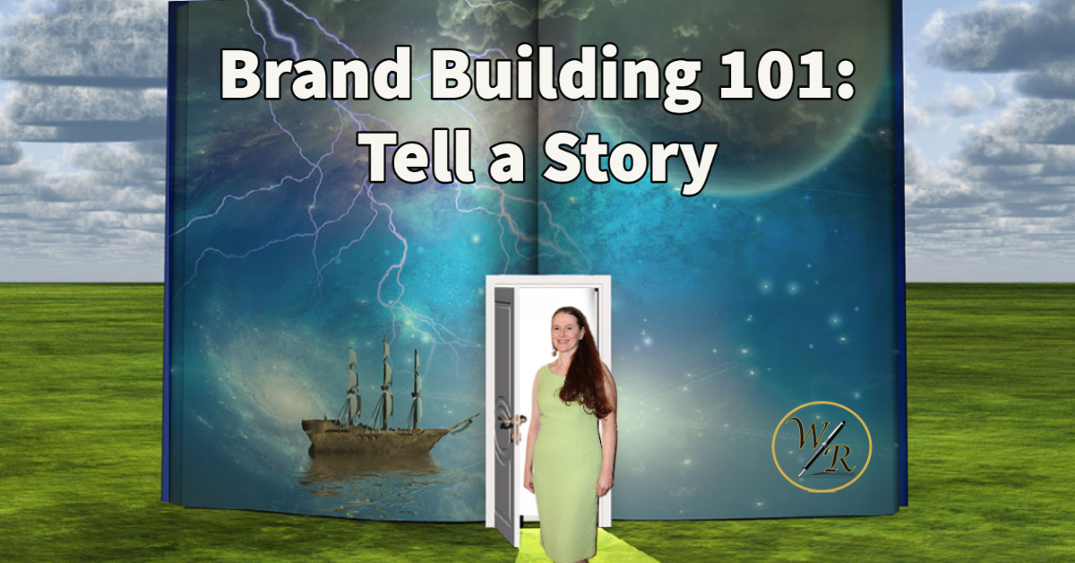 Shari Berg standing in front of a storybook with the words: Brand Building 101: Tell a Story