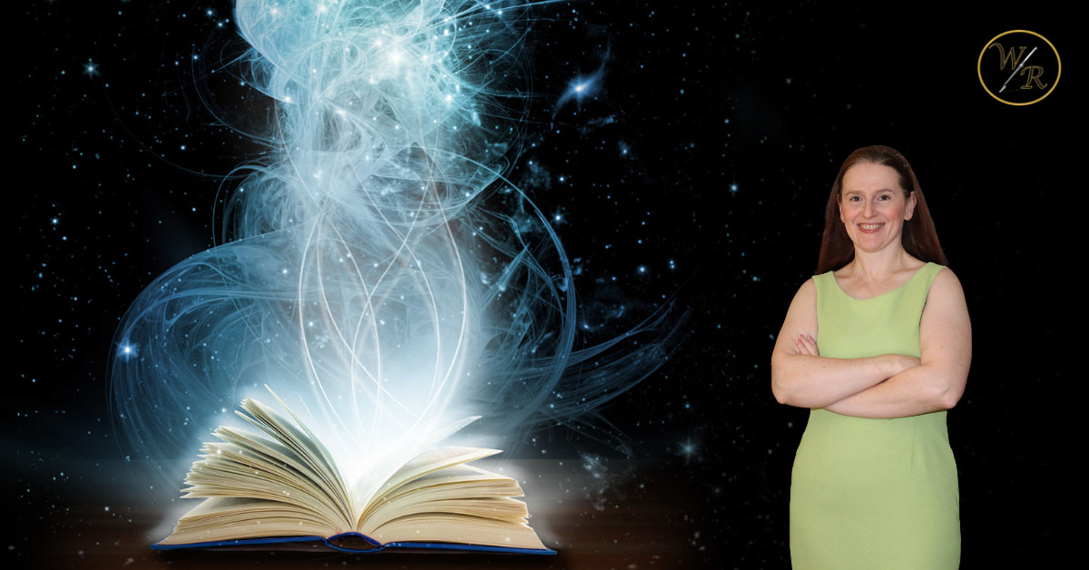 A storybook with magical light coming from it. Shari Berg of The Write Reflection stands next to the book. The official Write Reflection logo of a W and R with a pen in between appears in the top right corner. 