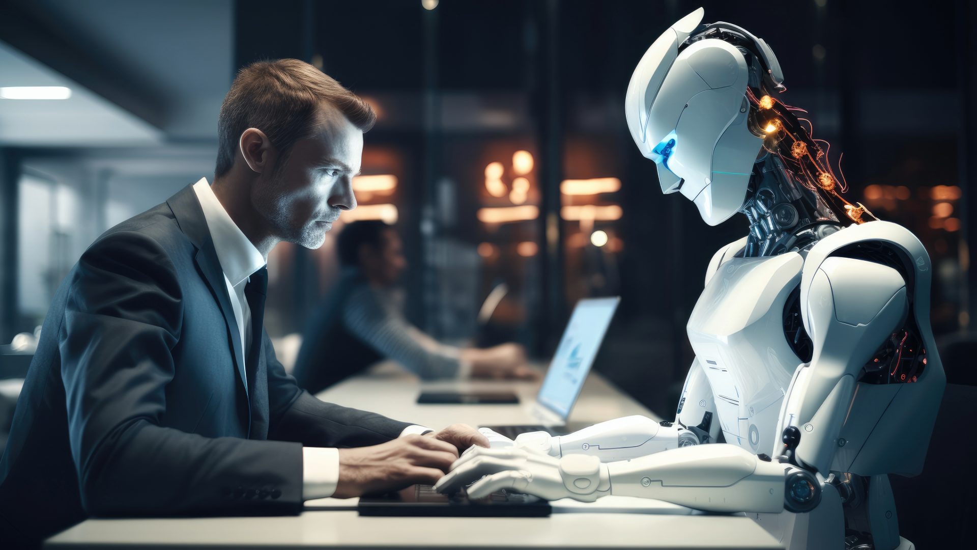 A man in a business suit sits across from an AI robot in an office. Both are working on laptops.