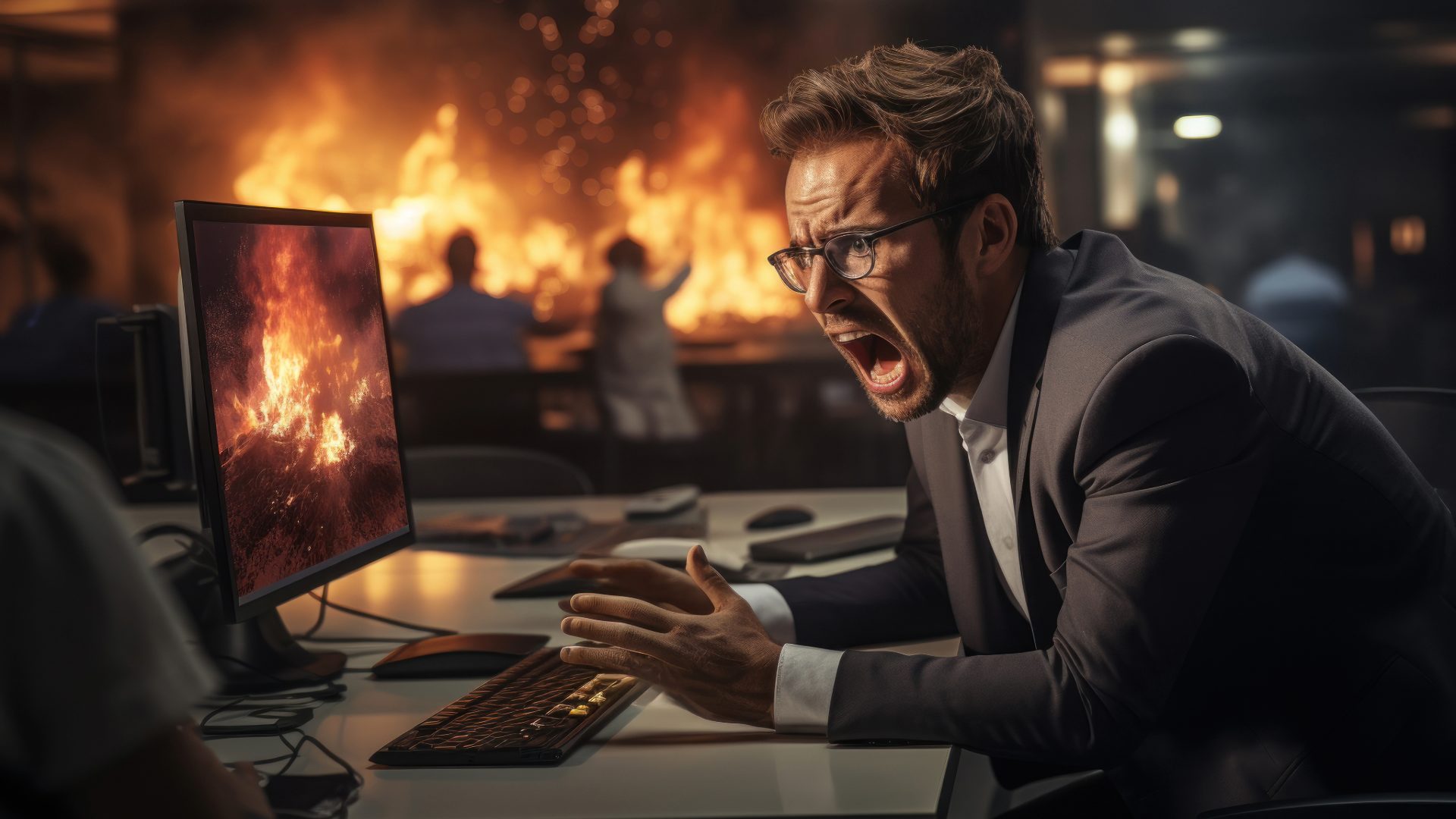 A man wearing a business suit sits in front of a computer that's on fire as he screams into it. In the background are coworkers with their computers also burning as the office is on fire around them.