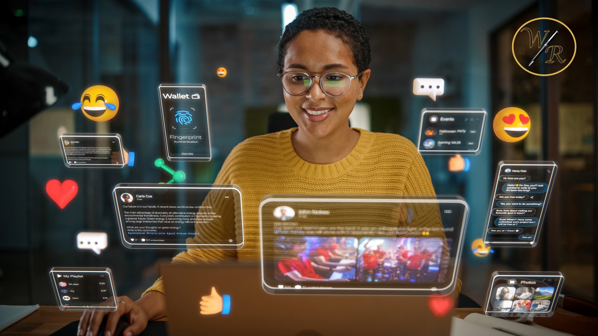 A smiling Black woman wearing glasses and a yellow sweater sits in front of a laptop. Floating around her are symbols of social media posts, likes, and shares.