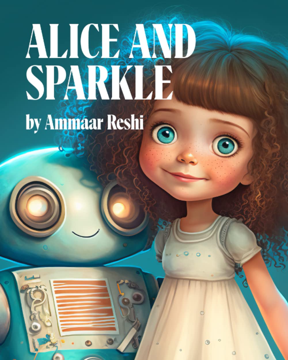 The cover of children's book Alice and Sparkle, which shows a young child with red hair and a smiling robot. The book includes AI content the author produced in a weeked.