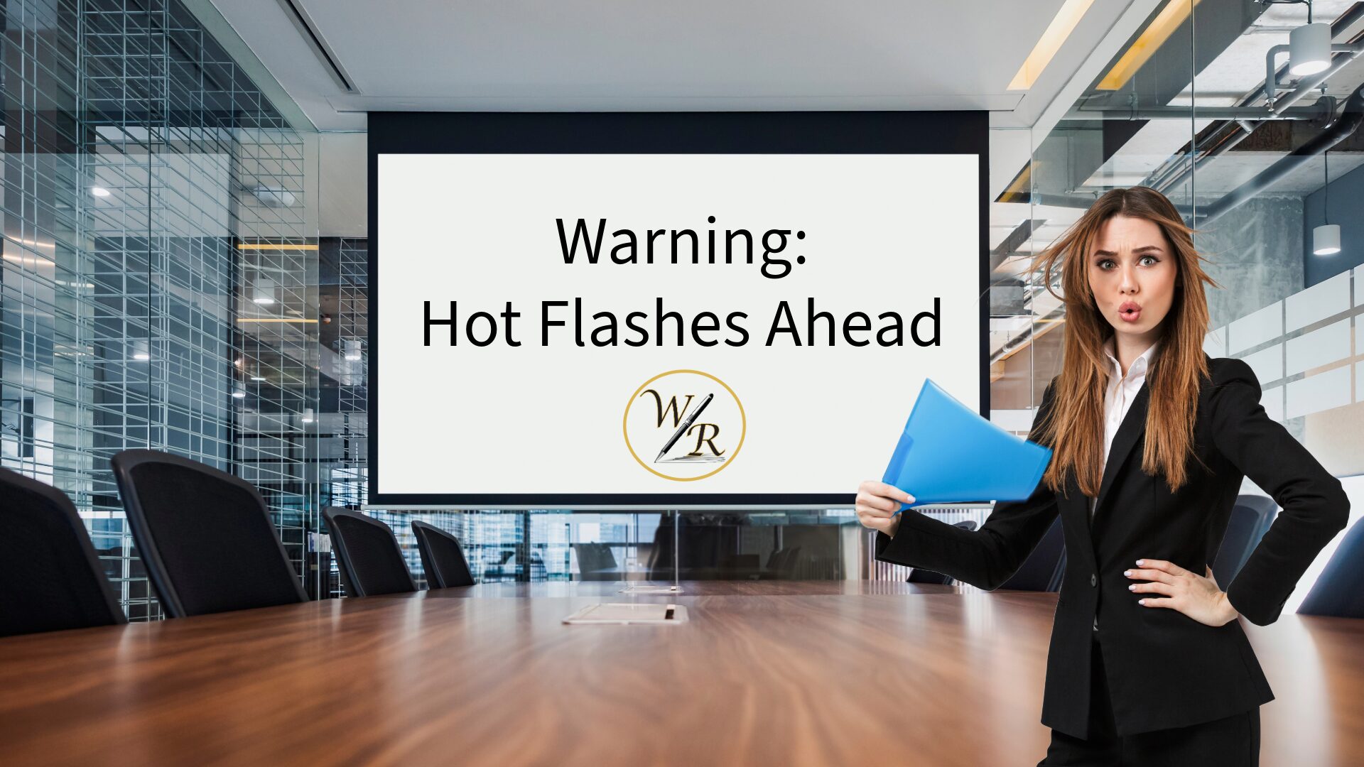 A woman in a business suit stands in a board room, fanning herself with a business report because she's having a hot flash from menopause.
