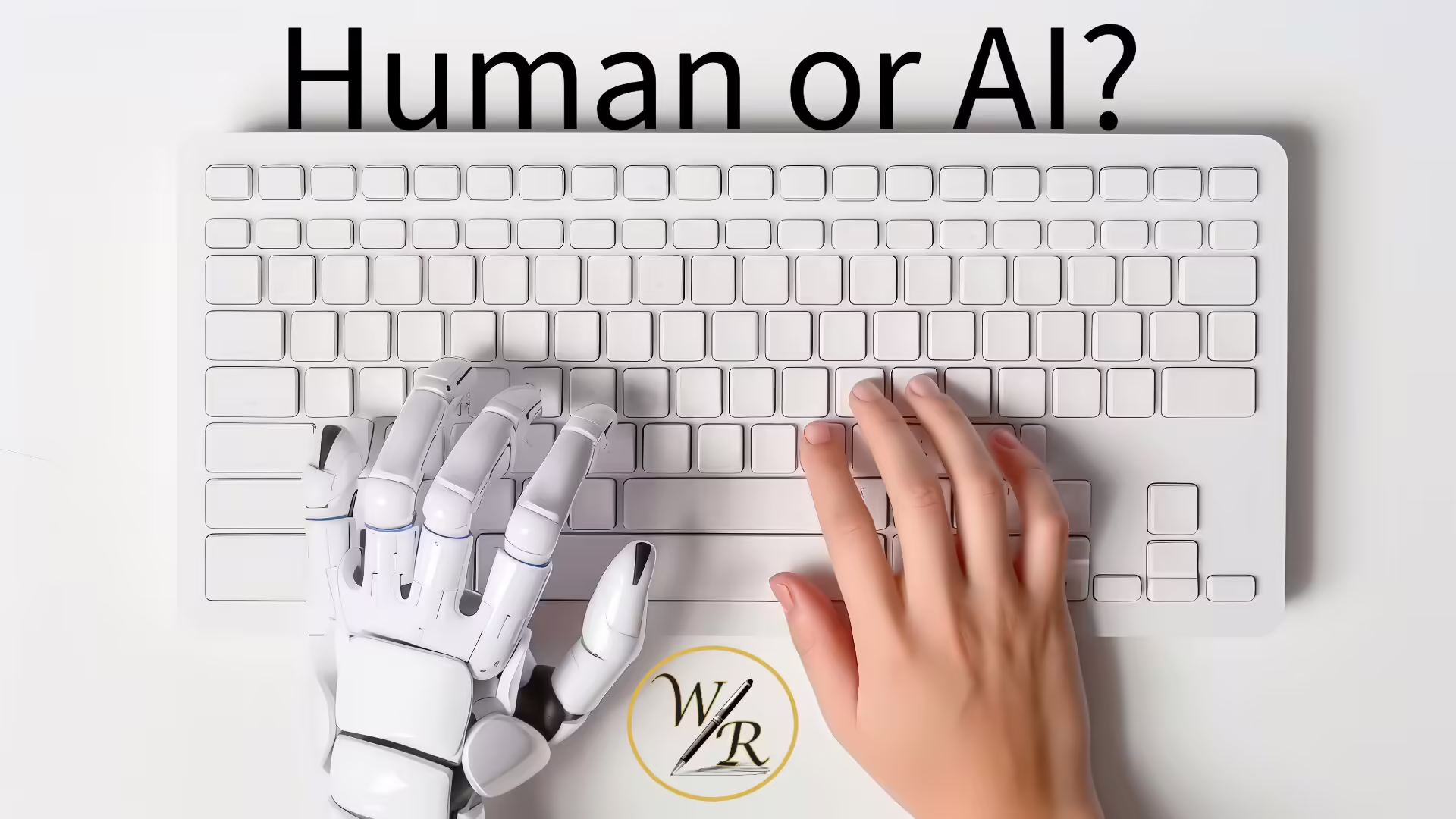 Two hands are positioned on a white computer keyboard. The hand on the left is robotic. The hand on the right is human. The WRite Reflection official log of a W and R with a pen in the middle appears in between the hands.