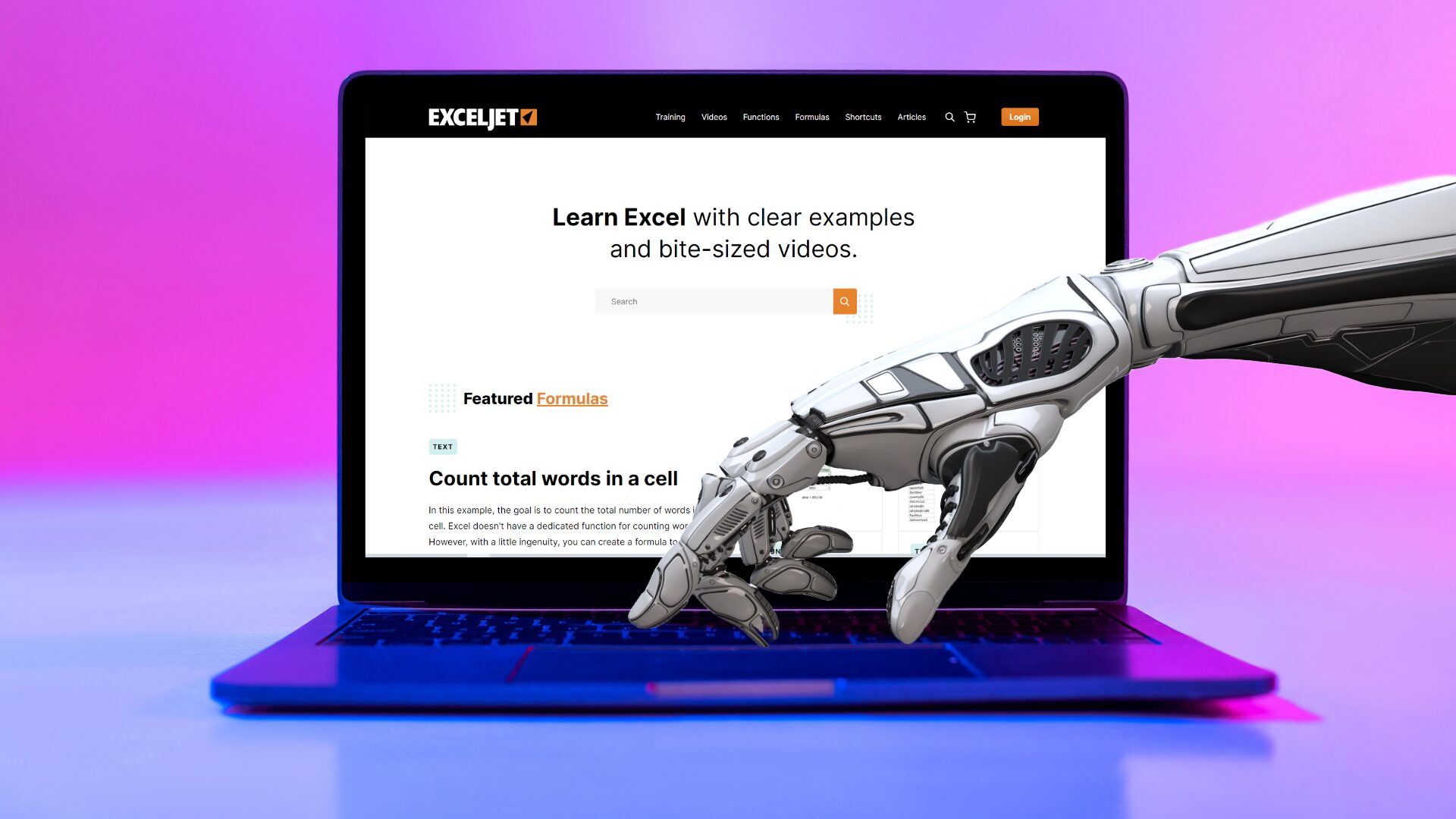 A robotic hand types on a laptop that shows the home page of a company called ExcelJet, which was the victim of AI content creation tools misused by an SEO agency.