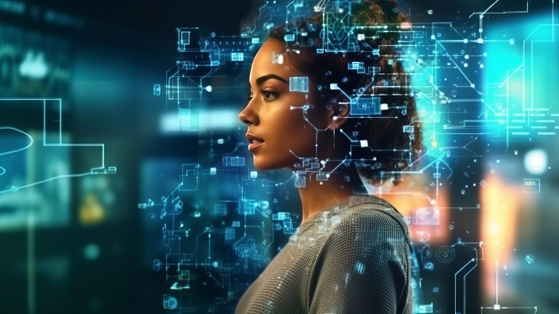 Computer code appears over a woman as she sits at a computer using AI content creation tools.