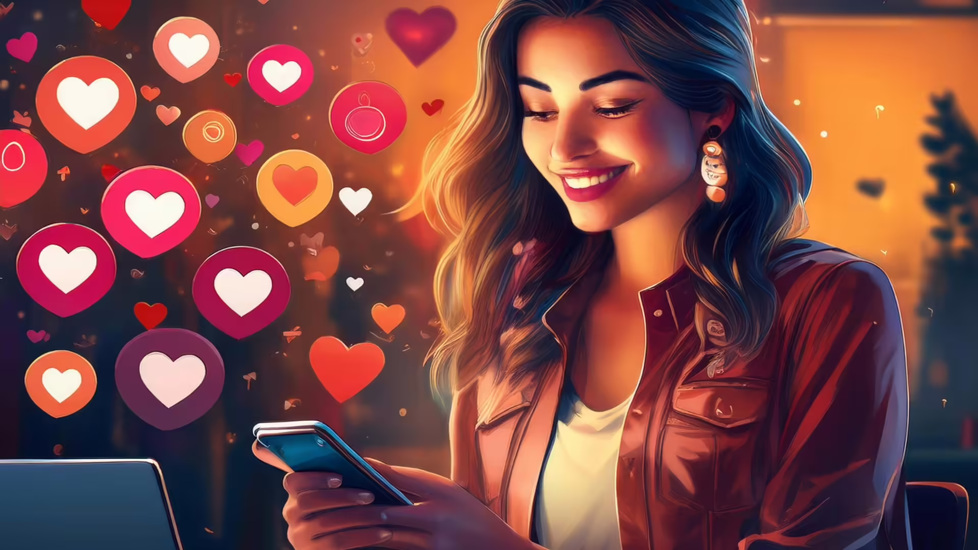 A graphic illustration of a social media influencer staring at her social media feed, with hearts floating around her to symbolize likes.