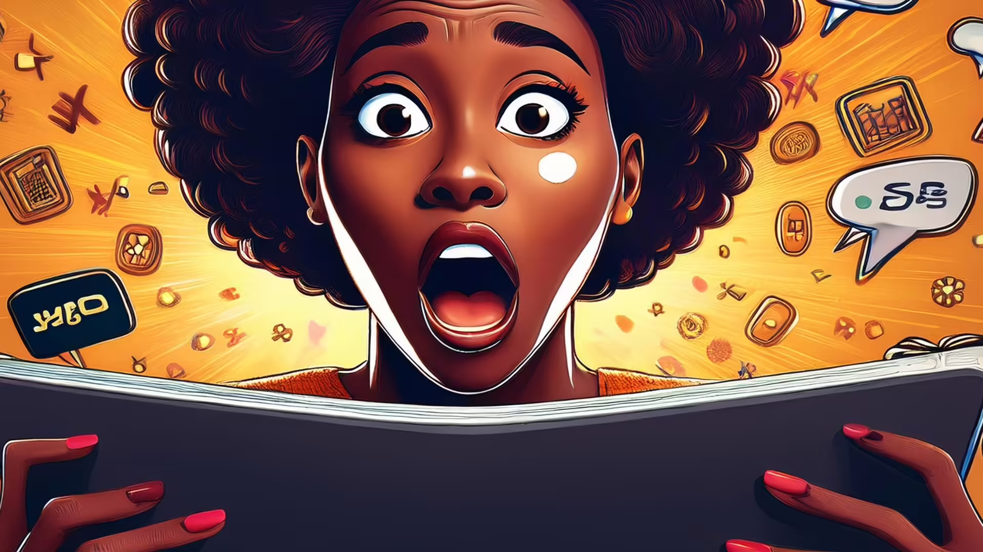 A Black woman with a shocked expression on her face as she reads content from her favorite brand online. Symbols for swear words appear around her.