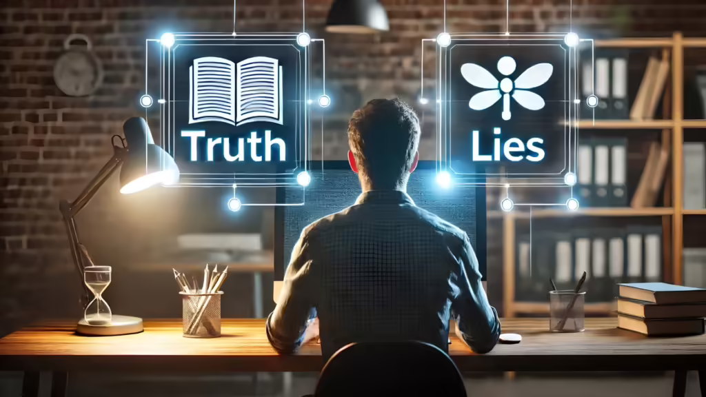 A man sits in front of a computer with two options floating in front of him. One says "truth" and the other says "lies." He uses an engagement pod to spread disinformation.