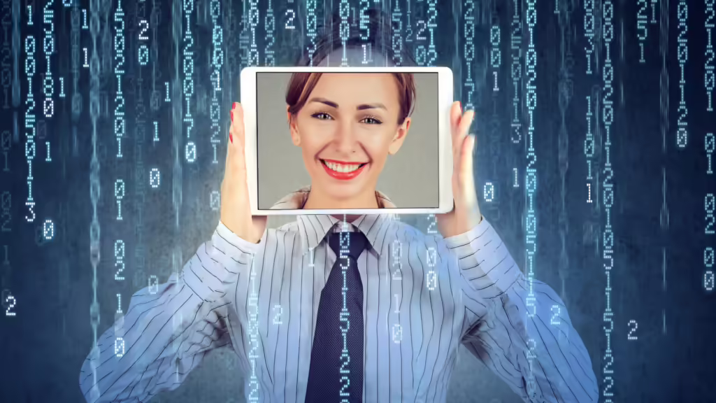 A woman's face appears on a tablet but the rest of her body appears to be that of a man wearing a business shirt and tie. Computer code floats around her to symbolize a fake profile from an engagement pod.