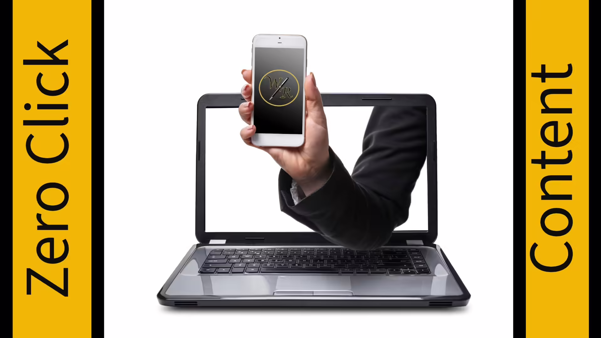 A hand holding a cell phone comes out of a computer screen to illustrate the power of zero click content.