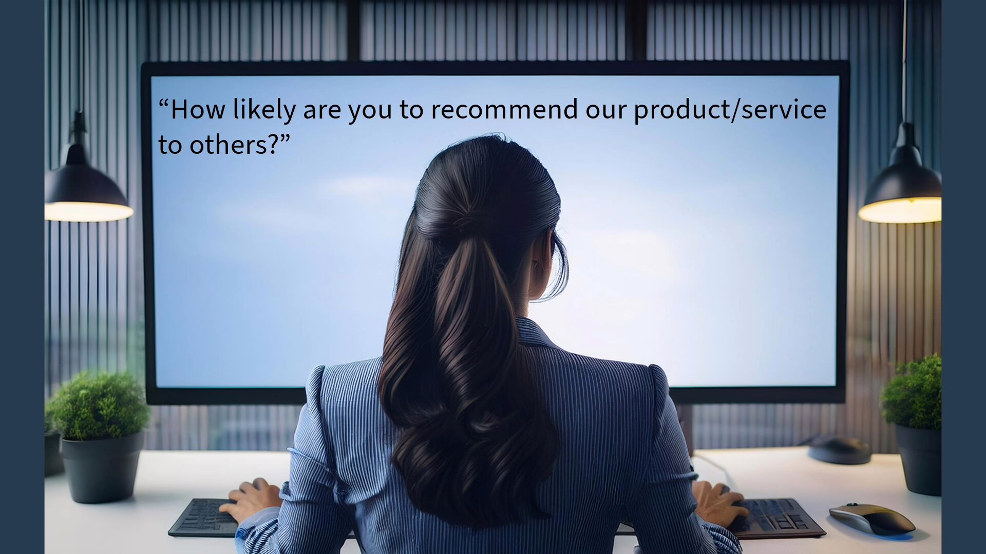 A woman in a business suit looks at a computer screen that has the question "“How likely are you to recommend our product/service to others?” on it as part of a Voice of Customer survey.
