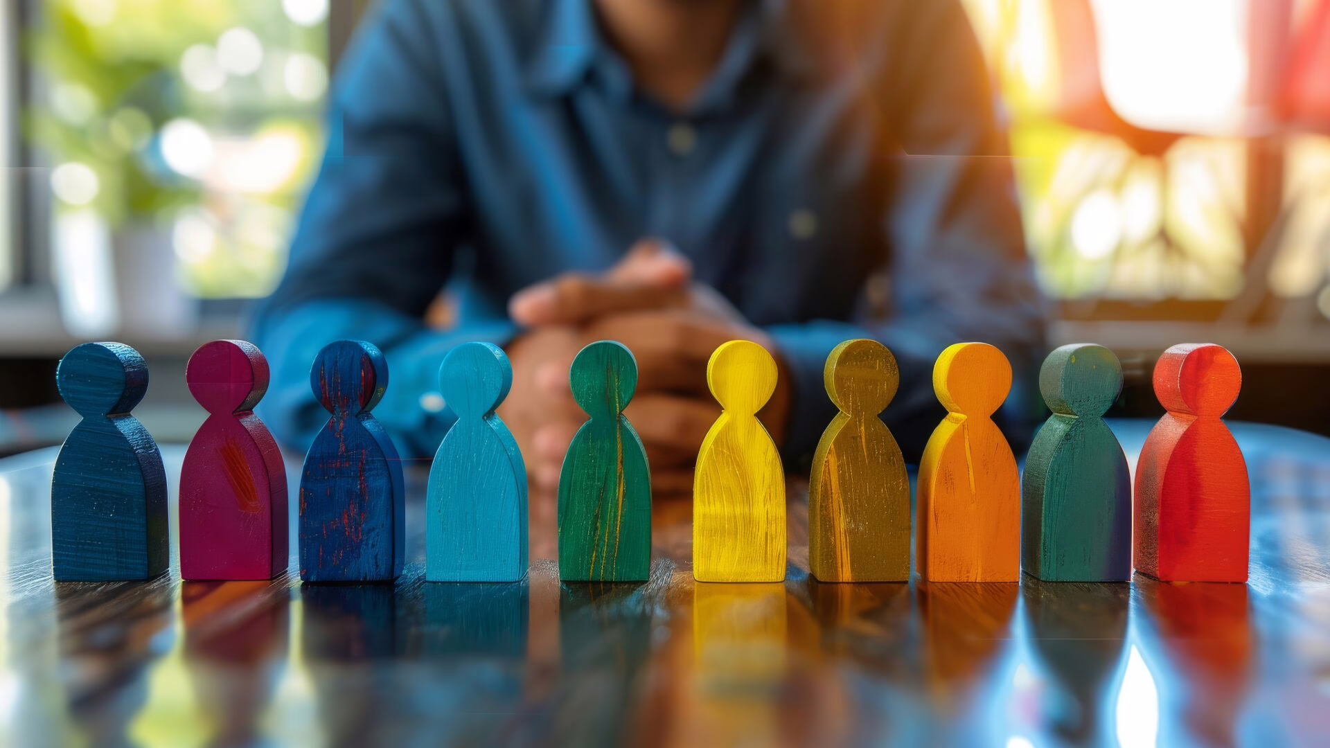 A row of wooden figures designed to look like people are sitting on a table in front of a man studying voice of customer strategies. 