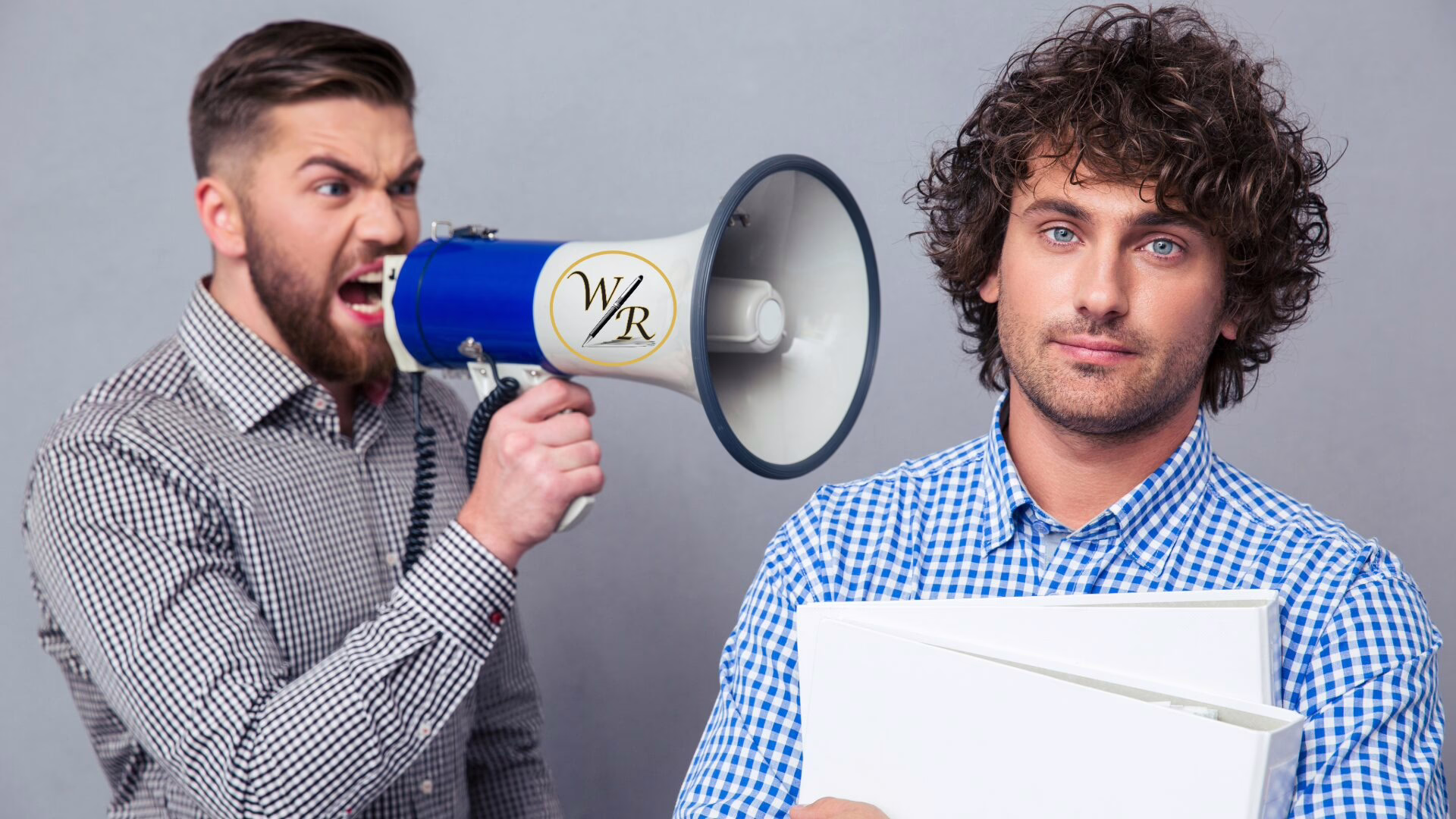 A man uses a megaphone to shout at another man who is holding binders. Getting Voice of Customer insights shouldn't require a megaphone.