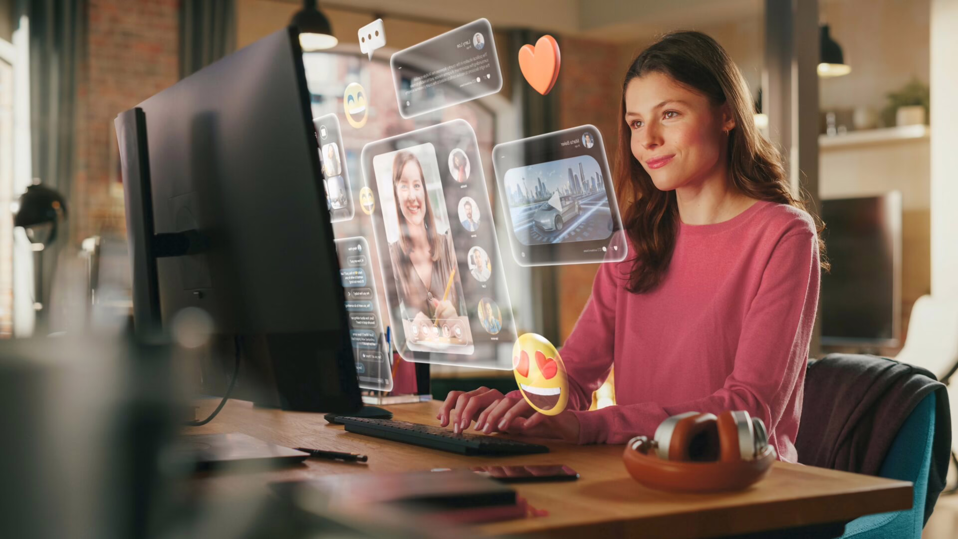 A woman sits at her computer using social media listening tools to receive Voice of Customer data. 