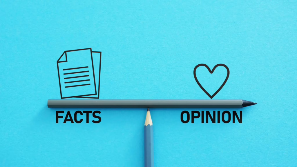 An illustration of one pencil balancing another on its tip with the words "facts" and "opinions" at each end. 
