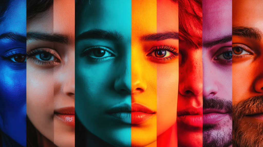 A mashup of faces of peope of different genders, ethinicities, and cultural backgrounds. 