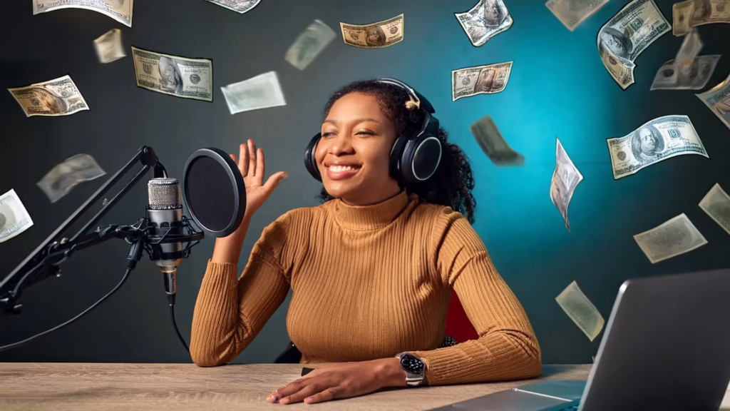 A Black woman sits in front of her podcasting equipment with money floating all around her. 