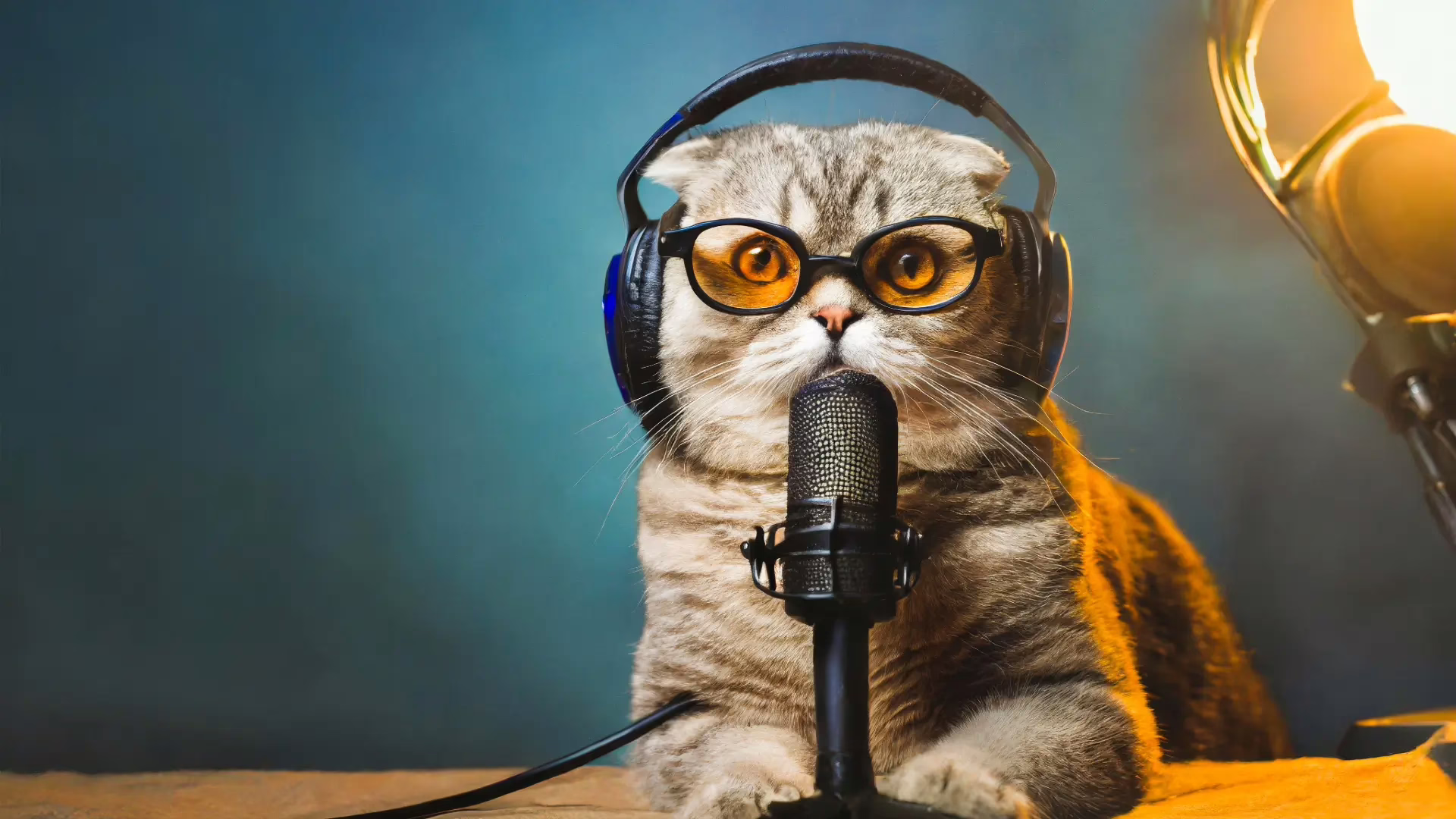 A brown tabblycat wears headphones and sits in front of a microphone while starting a podcast.
