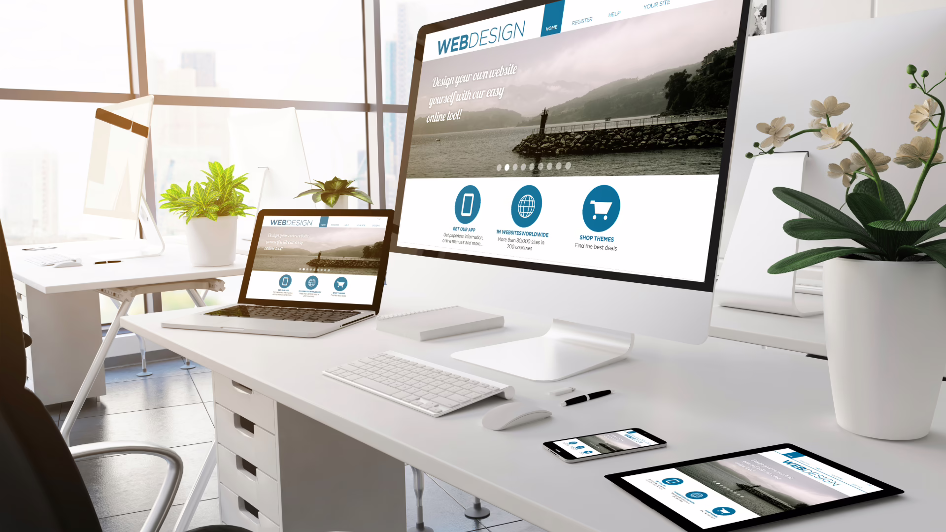 An office that has a desktop computer, a laptop, a tablet, and a mobile device on the desk all displaying the same content-first design website.