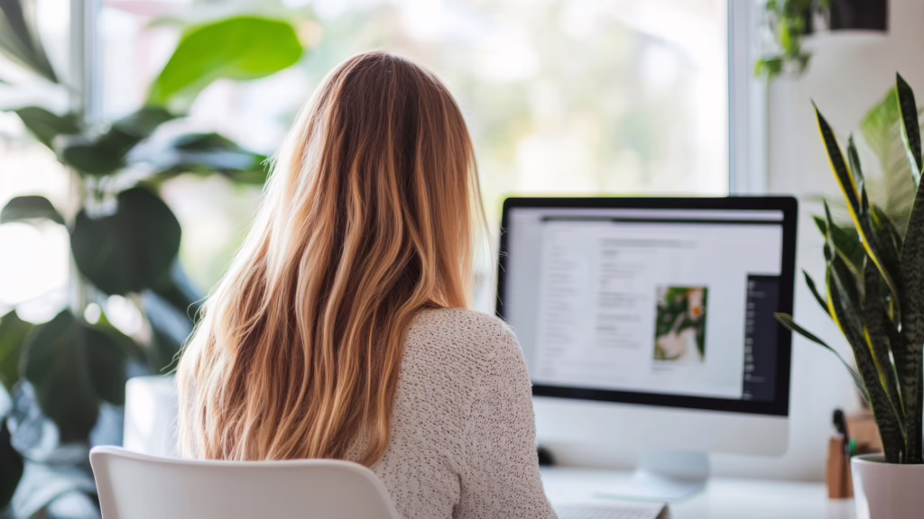 A website developer sits at her computer working on content-first web design for a client's website. 