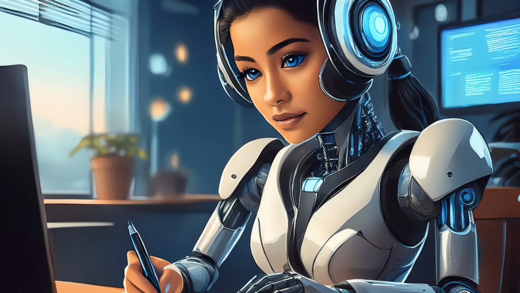 An AI bot that looks like a woman sits with a notepad and a laptop writing a fake news article.