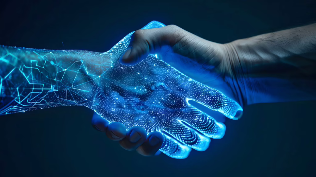 A human hand an an AI hand shake on a deal. 