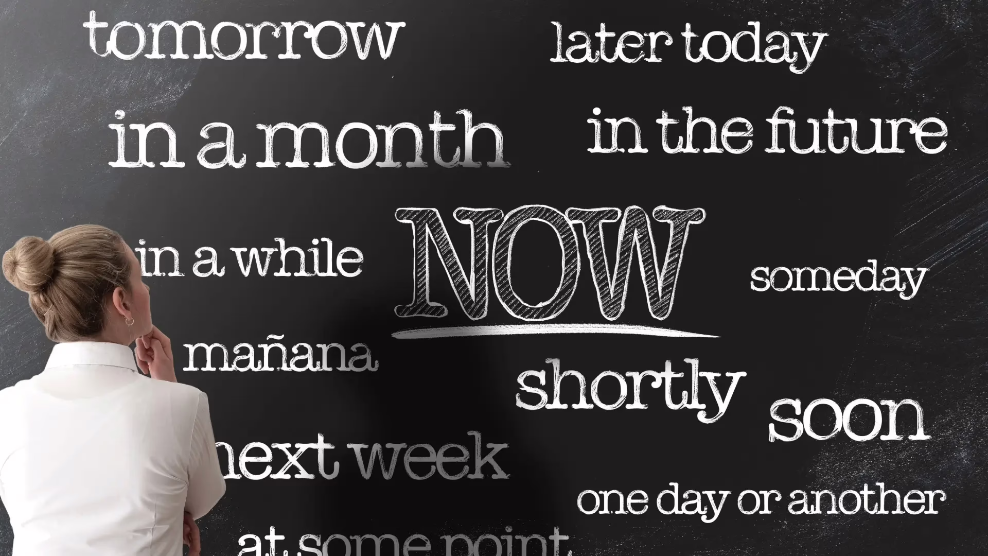 A woman stands in front of a chalkboard with various words written on it that describe procrastination.